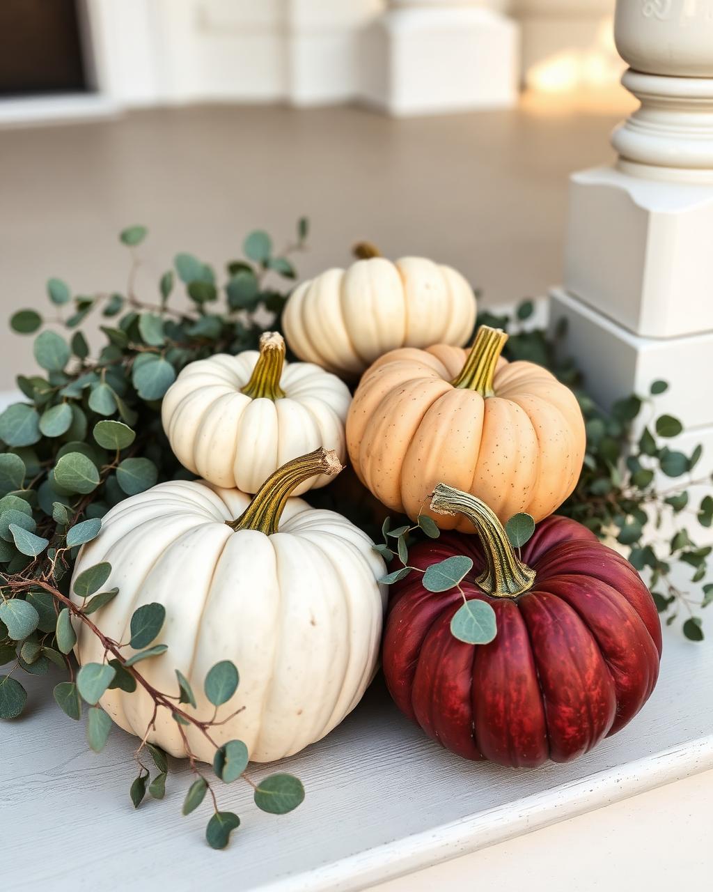 Grouped heirloom pumpkins in cream, sage and burgundy nestled with eucalyptus greenery