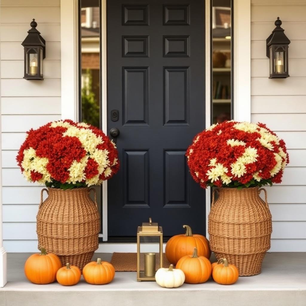 Symmetrical porch styling with two large mums flanking a navy front door