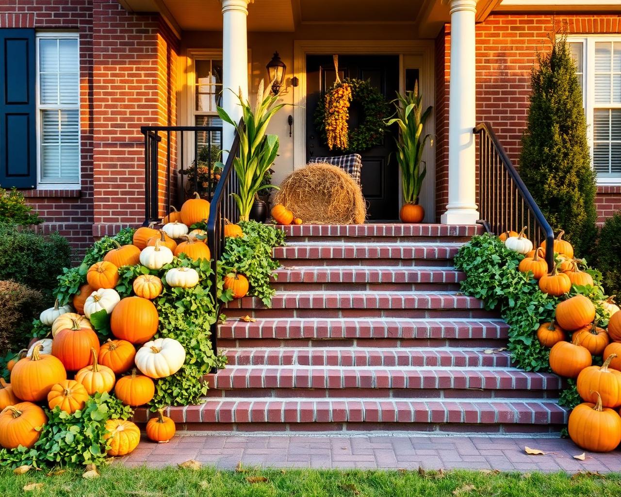 Pumpkins cascading down brick front steps with cornstalks and a hay bale