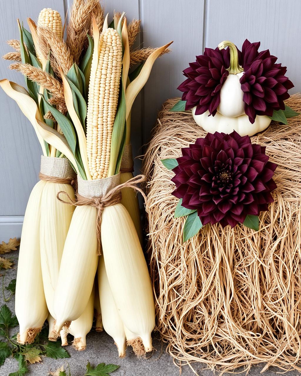 Cornstalk bundles beside a hay bale topped with white pumpkins and burgundy blooms
