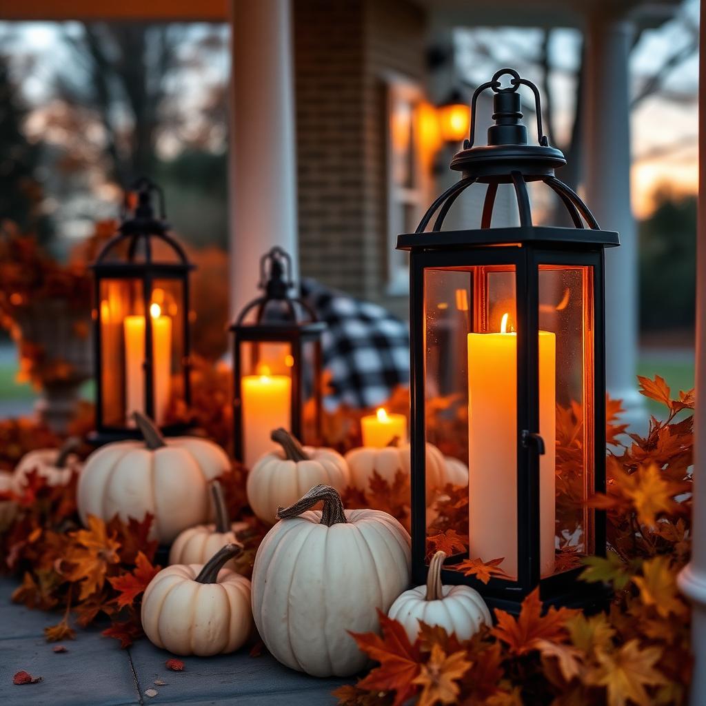 Warm glowing lanterns among cream pumpkins and fall foliage at dusk