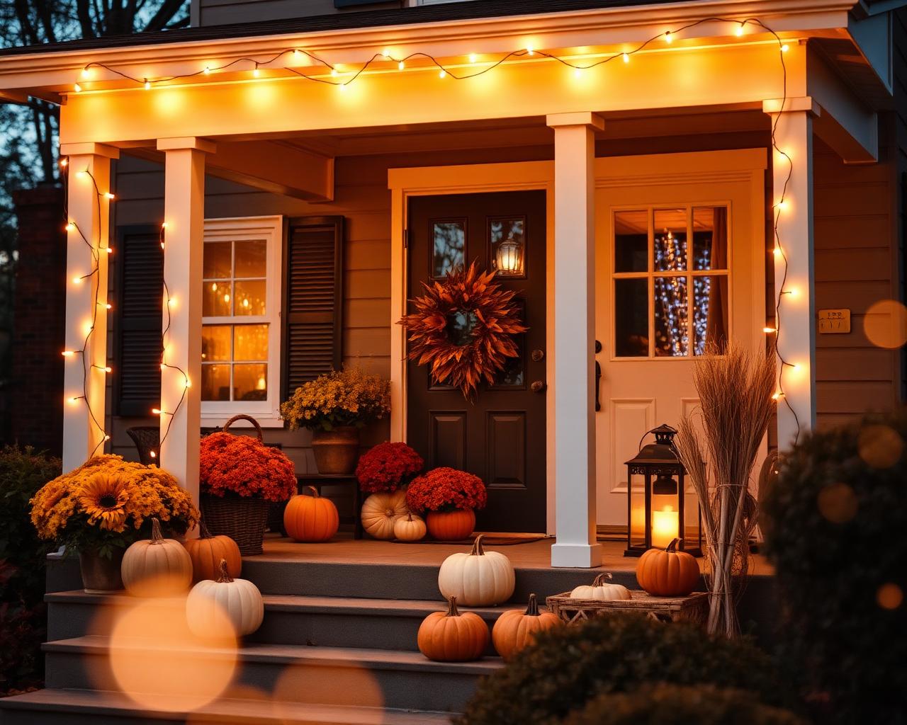 Cozy fall porch at dusk with warm string lights, heirloom pumpkins, mums and a glowing lantern