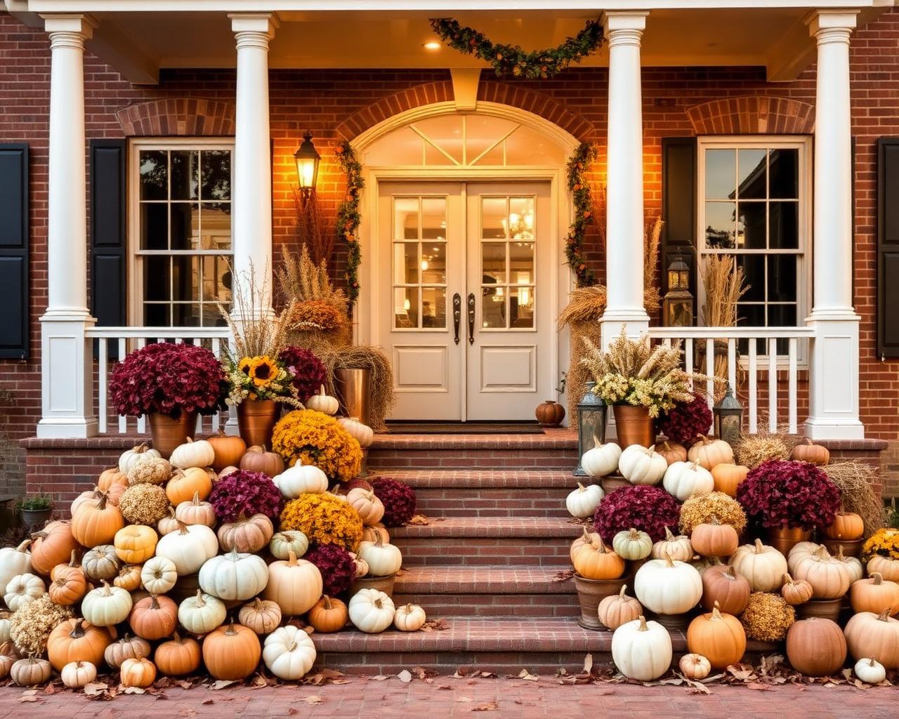 Grand two-story brick entryway overflowing with heirloom pumpkins, mums and cornstalks down wide steps